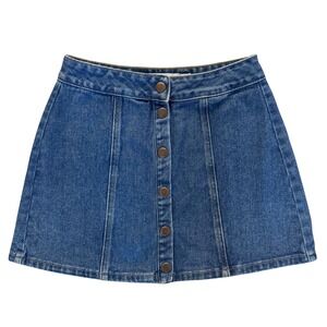 Brandy Melville Front Snap Blue Denim Jean Mini Skirt Size 26 Preppy‎ Feminine